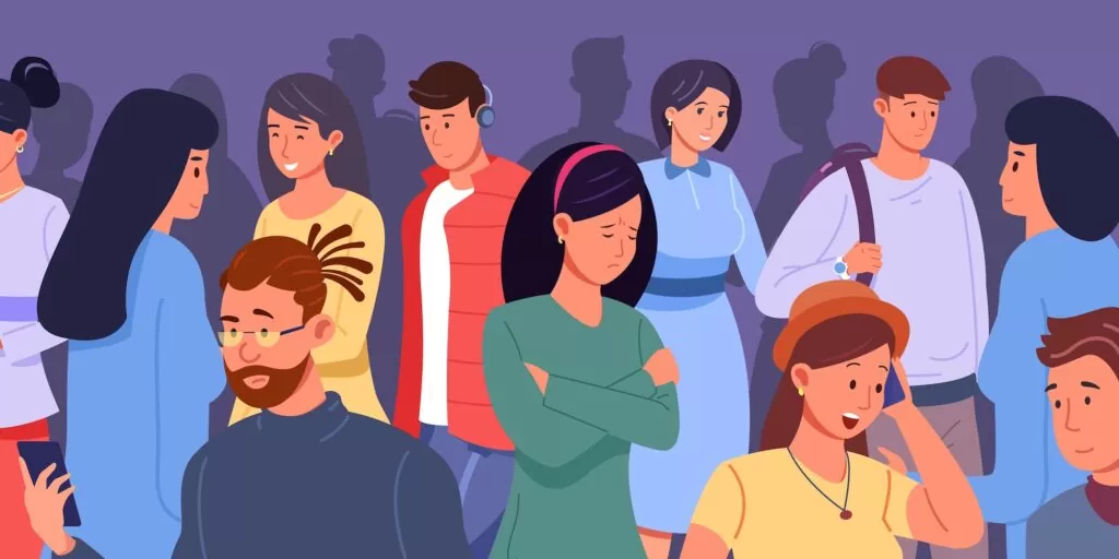 Illustration of an uncomfortable woman struggling with social anxiety in a crowd of other people