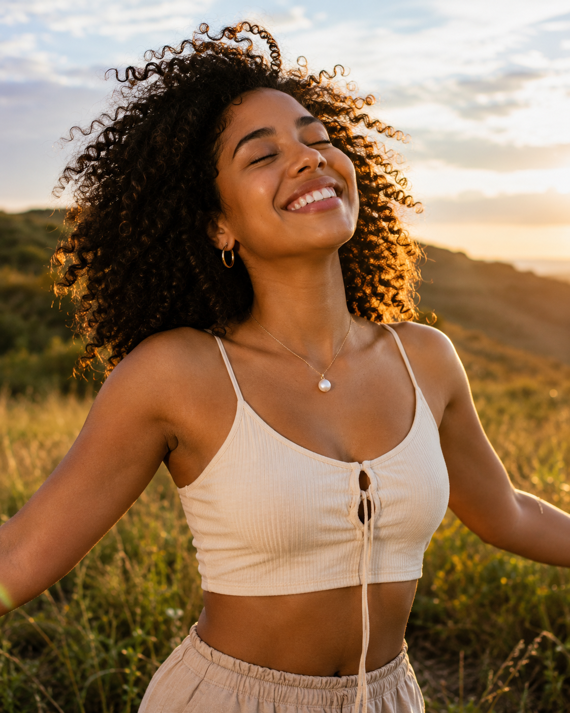 Afro-Puerto Rican woman smiling joyfully outdoors, representing increased positive mood