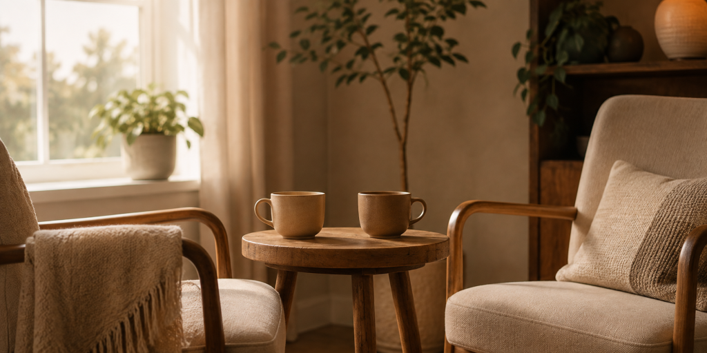 Two cups of tea on a table between empty chairs, representing a welcoming first anxiety therapy session in Chicago