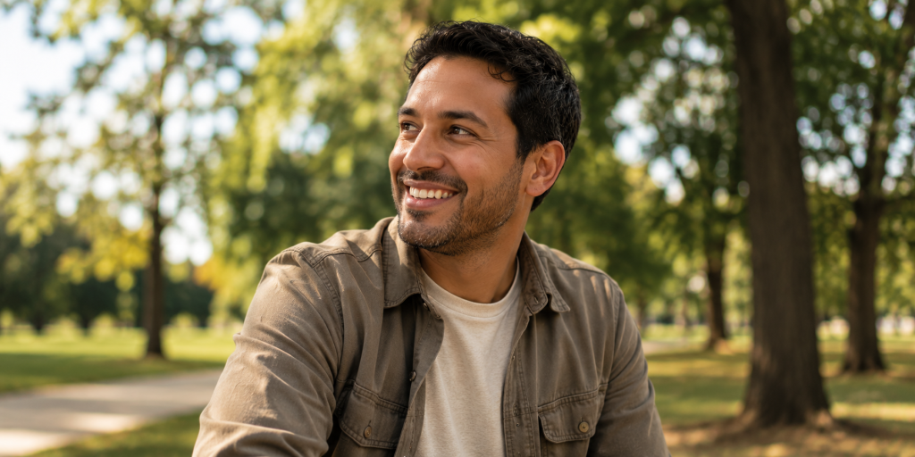 Smiling Latino man relaxing outdoors in a park, representing positive mental health outcomes from therapy