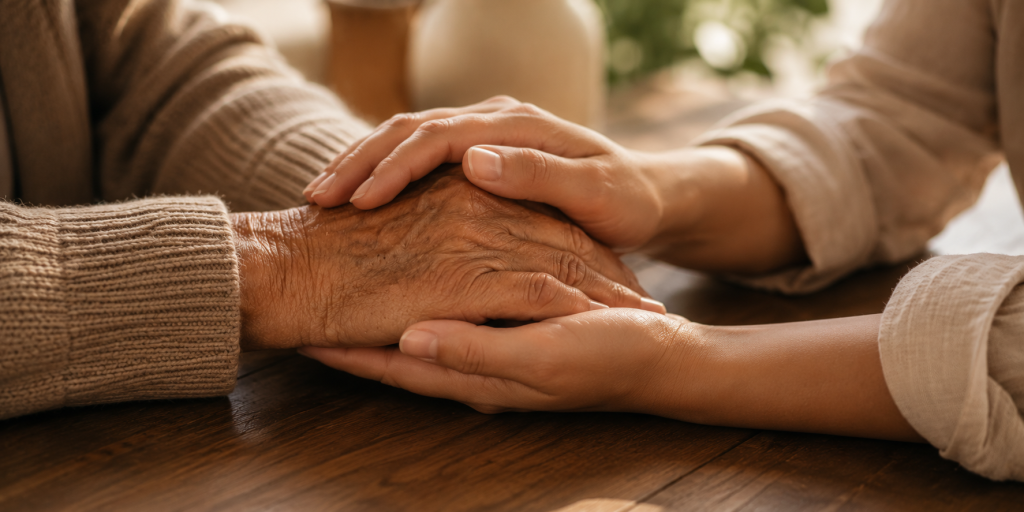 Older and younger hands resting together on a table, representing generational connection in Latinx mental health therapy in Chicago