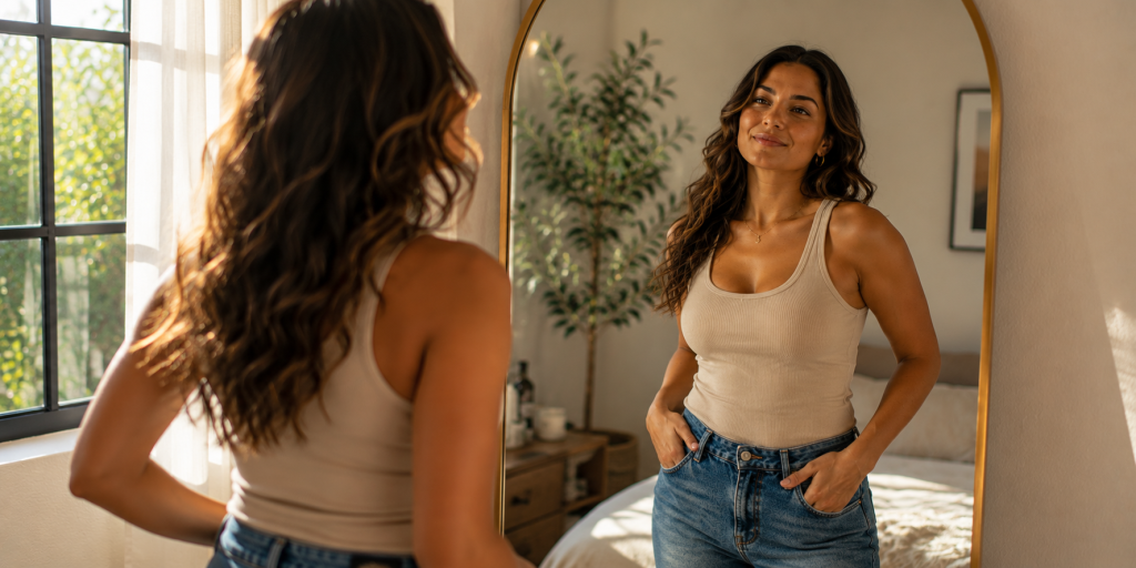 Confident woman smiling, representing improved self-esteem